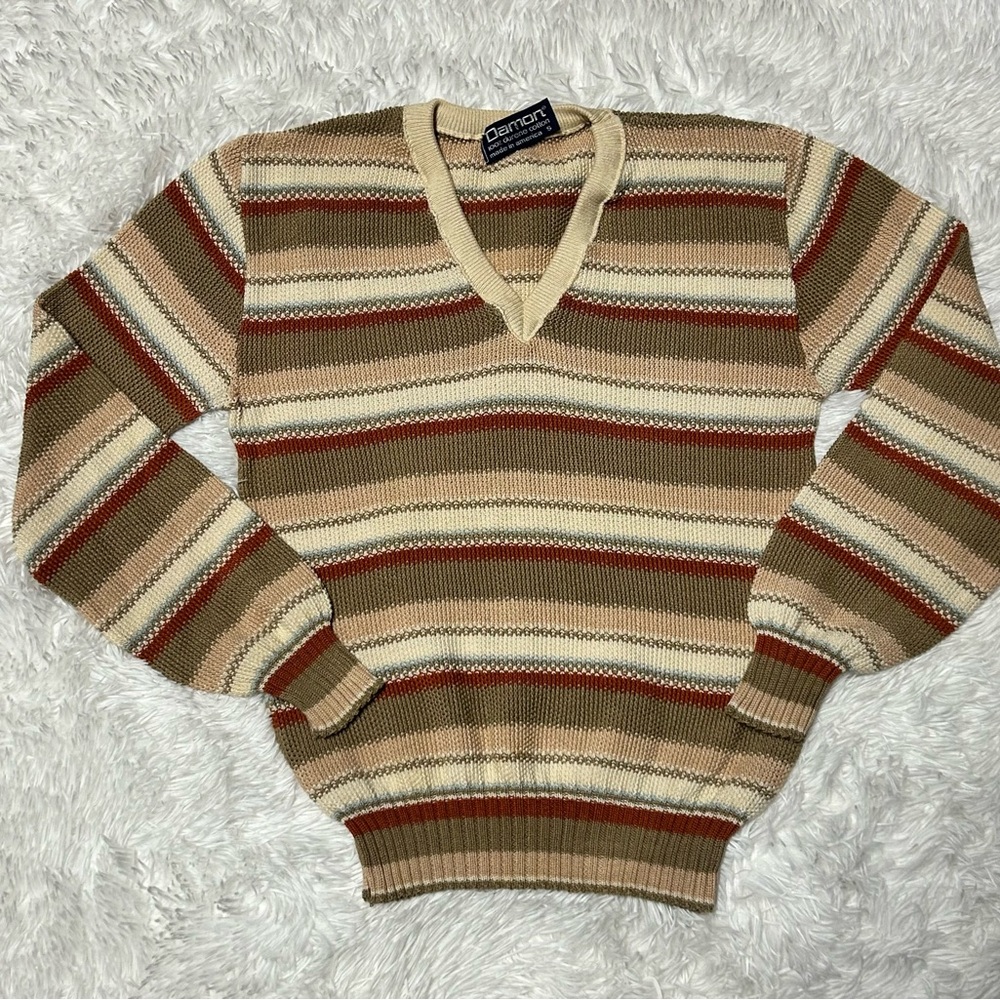 Vintage Damon Striped V-Neck Knit Sweater – Made in USA
